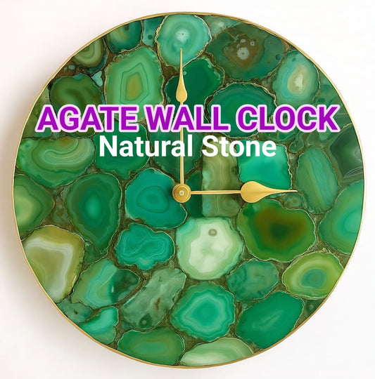 Vakker og eksklusiv Green AGATE veggklokke, Gold Electroplated, 25cm.