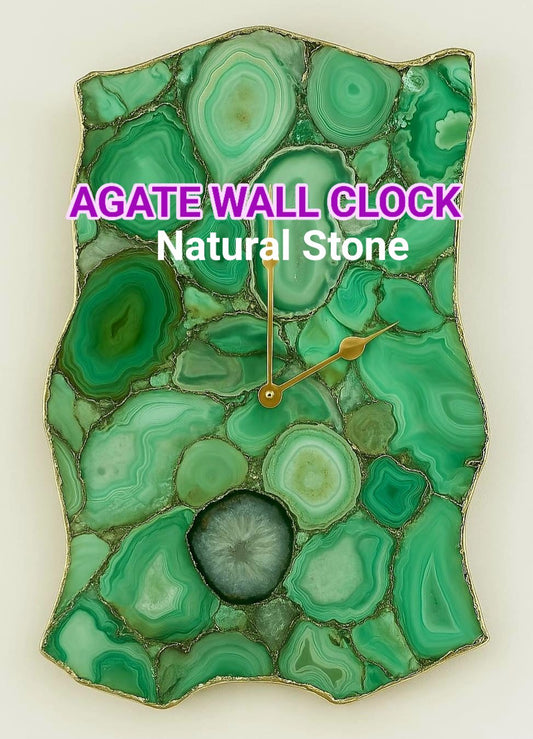 Vakker og eksklusiv XXL Grønn AGATE veggklokke, Gold Electroplated, 38x25cm