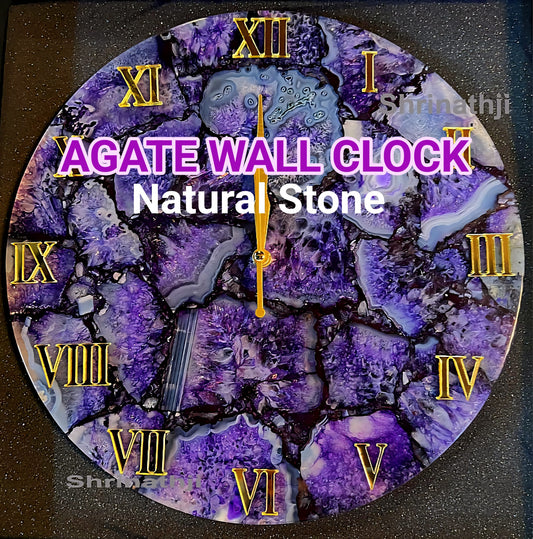 Vakker og eksklusiv Purple AGATE veggklokke, Gold Electroplated, 25cm