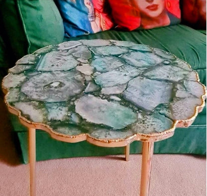 Grønn Agat Composite kaffebord med gulldecorert kant ( gold electroplated ), ca. 30cm. 52cm høy