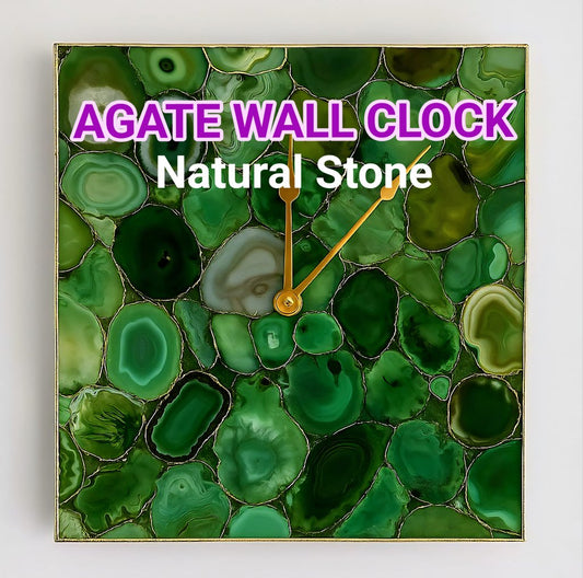 Vakker og eksklusiv rektangulær Grønn AGATE veggklokke, Gold Electroplated, 25cm.