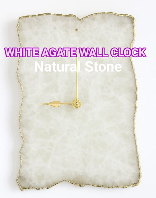 Vakker og eksklusiv XXL Hvit AGATE veggklokke, Gold Electroplated, 38x25cm