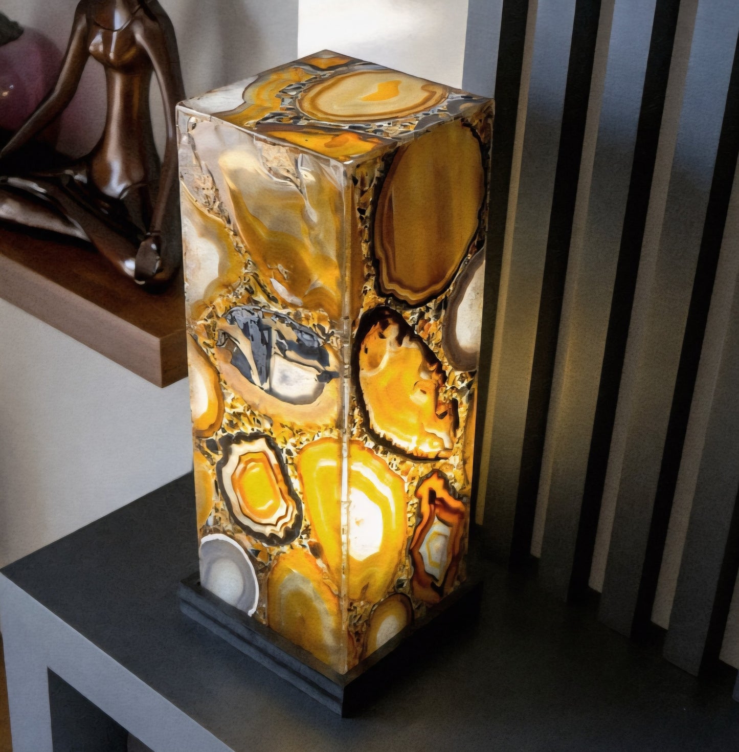 Natural & Exclusive Agate Desk/Floor Lamp Handmade in Brazil - Large, Compact, Elegant, 60x15cm