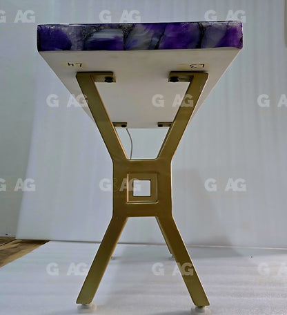 EXCLUSIVE NATURAL AGAT TABLE ( Sofa, Coffe, Side, Dine ) , Purple - 60x30cm - backlit ( Ledlys )  - Golden Design Legs