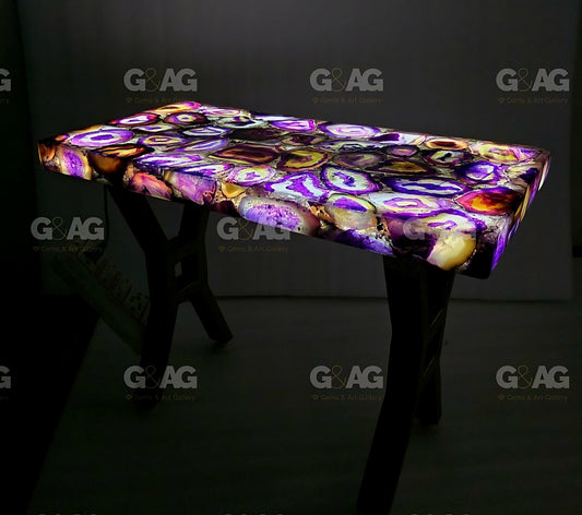 EXCLUSIVE NATURAL AGAT TABLE ( Sofa, Coffe, Side, Dine ) , Purple - 60x30cm - backlit ( Ledlys )  - Golden Design Legs