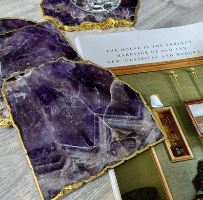 Ametyst Coaster skiver med gullbelagte kant, 10mm tykk kant, stk. pris