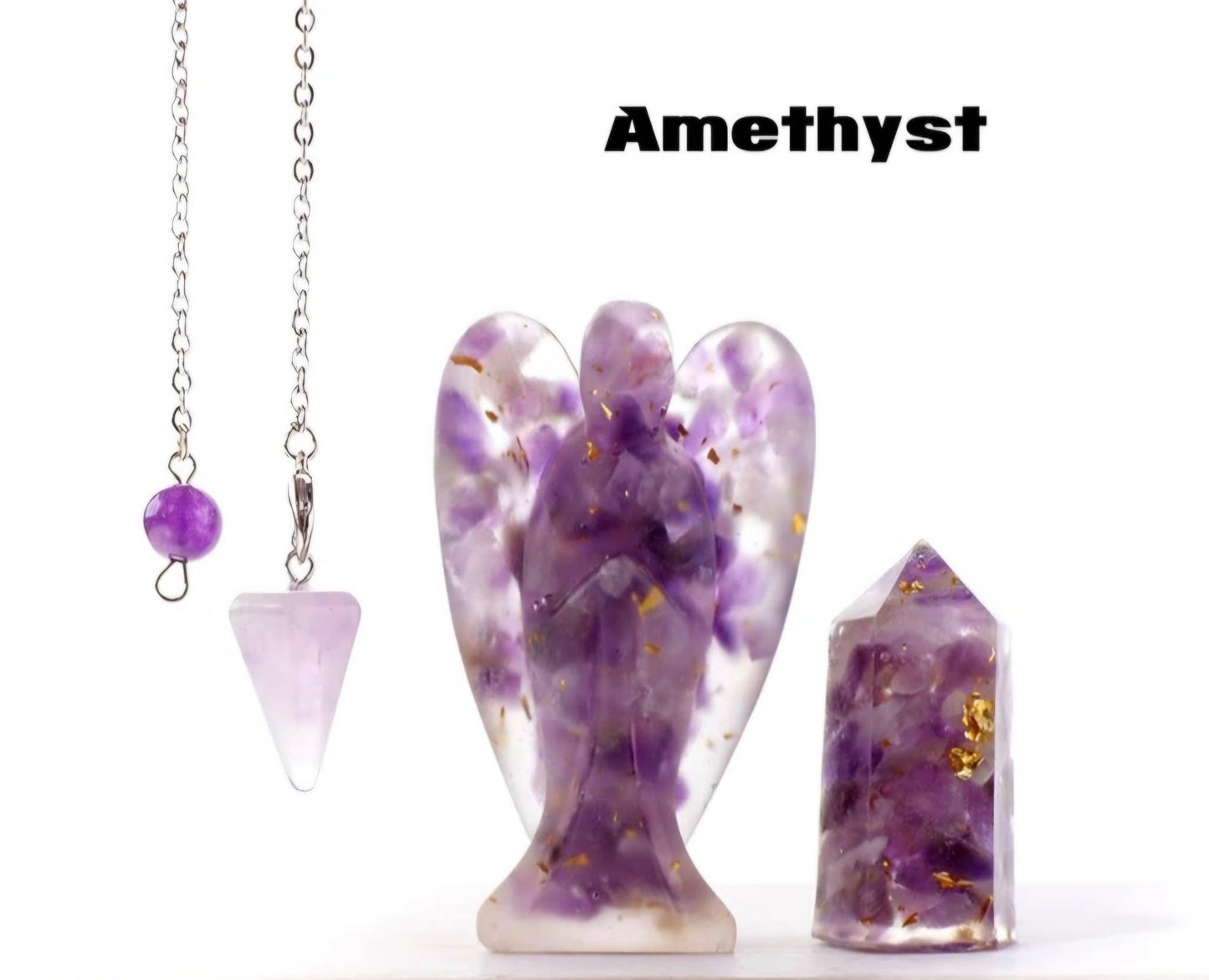 Nye 3 pcs Krystallsett ( Pendel, Engel , Tårnkrystall ), Resin & Ametyst