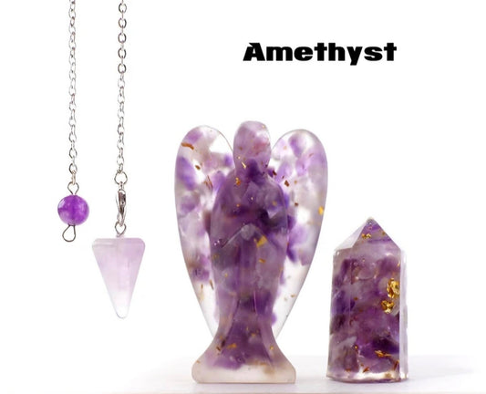 Nye 3 pcs Krystallsett ( Pendel, Engel , Tårnkrystall ), Resin & Ametyst