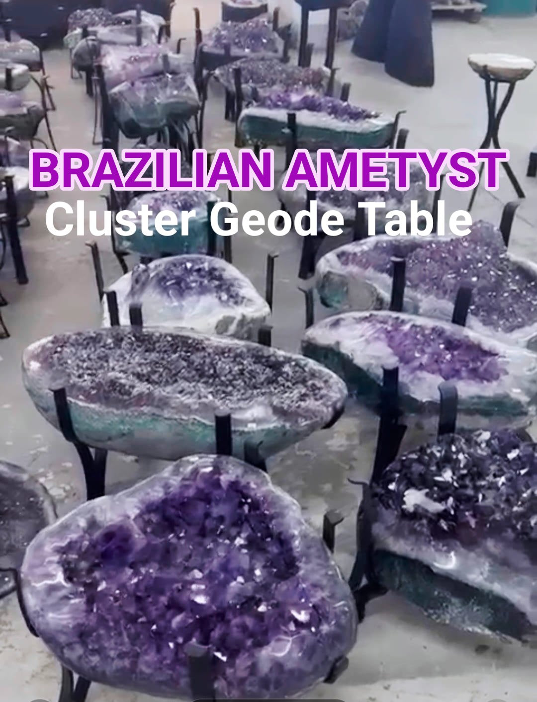 KAMPANJE / Extra Plus Amethyst AAA+ Quality Geode Coffe - Side table Metal Frame Table w/Druzy big Cluster, 25kg, 45x30cm, Høyde 60cm