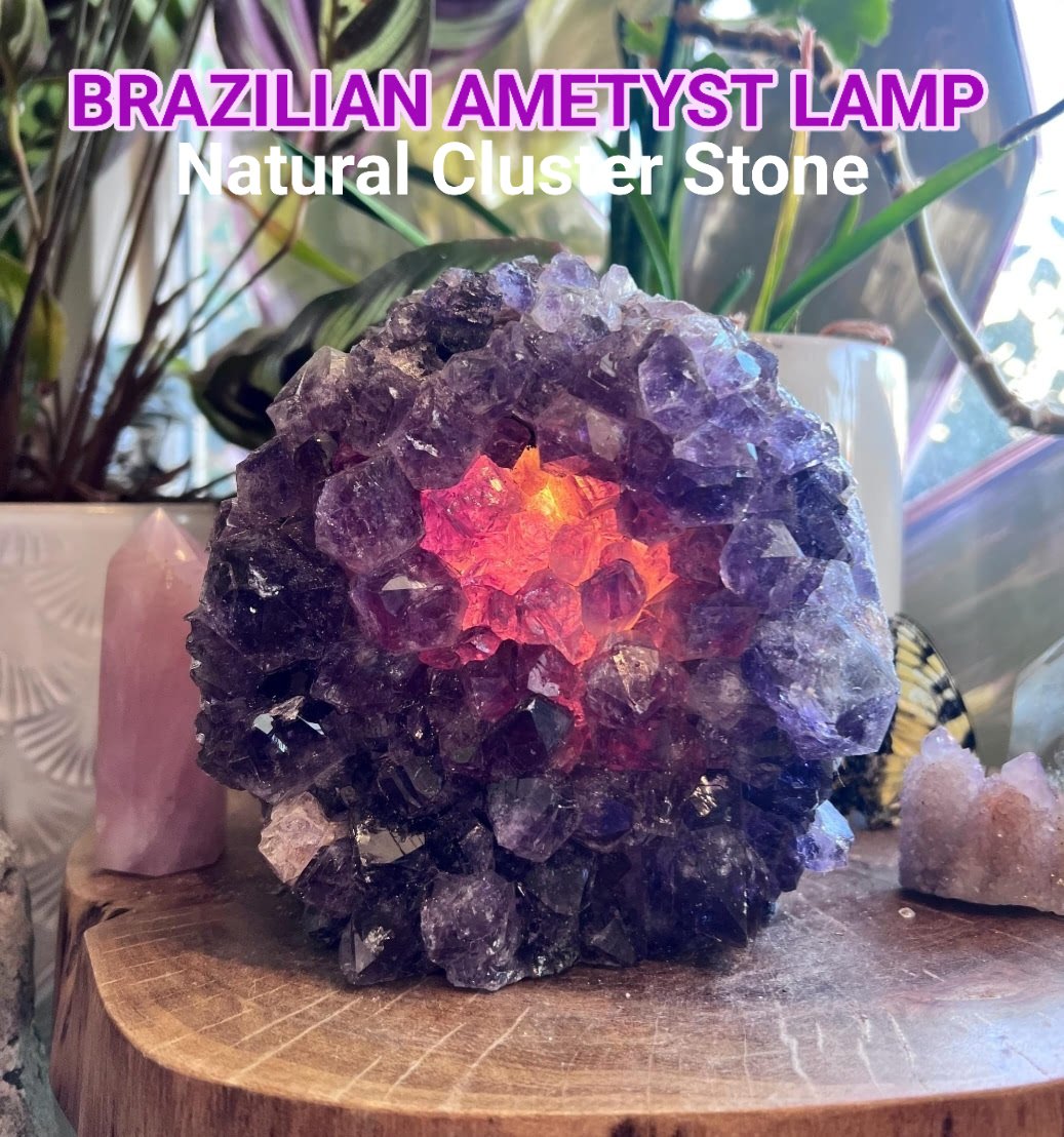 Special XXL large / Stor Ametyst Rå Kvarts Cluster Lampe fra Brasil, ca. 4 - 5kg ( 20 - 25cm ) m/ledlys