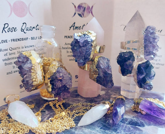 Kampanje / Ametyst Druzy Ringer ( Justerbare ) Gold & Silverplated + Kjede