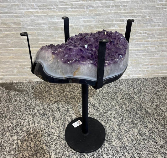 KAMPANJE / Extra Plus Amethyst AAA+ Quality Geode Coffe - Side table Metal Frame Table w/Druzy big Cluster, 25kg, 45x30cm, Høyde 60cm