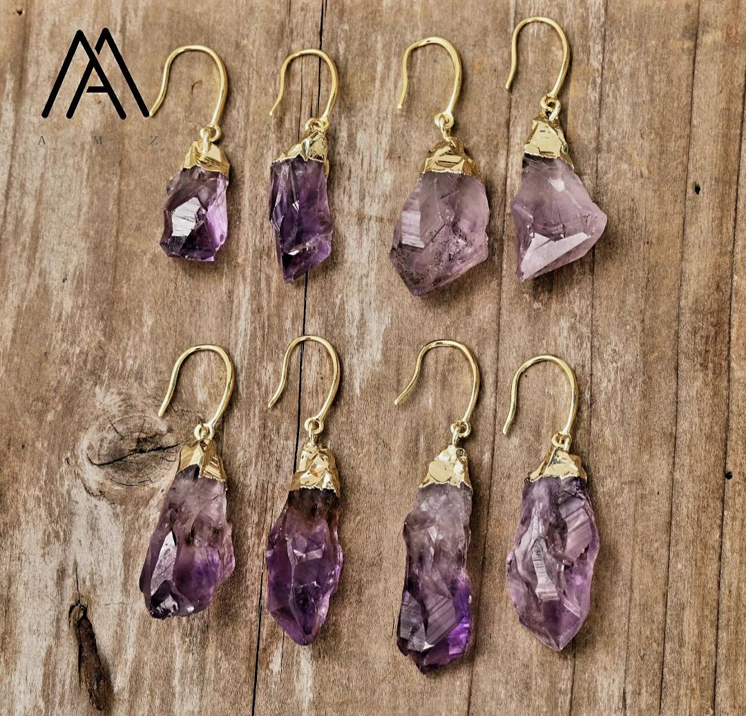 Elegante og enkle øredobber i Ice Cube Long Drop Design m/krok, Goldplated - RAW AMETYST, Large Size