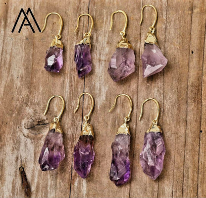 Elegante og enkle øredobber i Ice Cube Long Drop Design m/krok, Goldplated - RAW AMETYST, Large Size