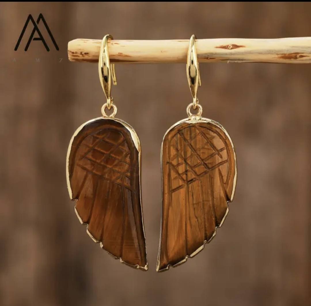 Nye MICCI Design Øredobber ( Angel Wing ) , 18K Gold Electroplated, TIGEREYE