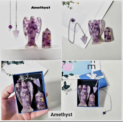 Nye 3 pcs Krystallsett ( Pendel, Engel , Tårnkrystall ), 6 stentyper