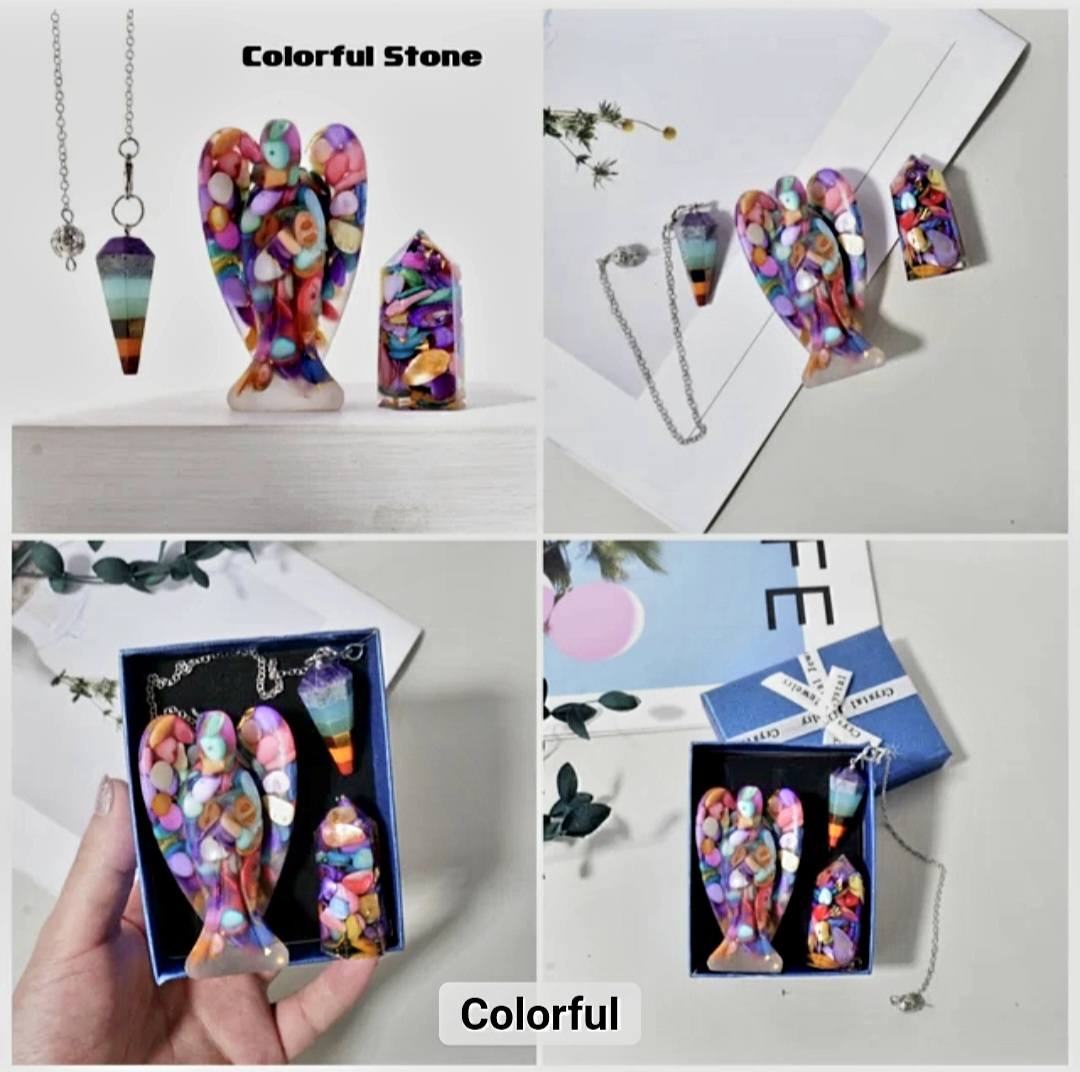 Nye 3 pcs Krystallsett ( Pendel, Engel , Tårnkrystall ), 6 stentyper