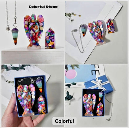 Nye 3 pcs Krystallsett ( Pendel, Engel , Tårnkrystall ), 6 stentyper