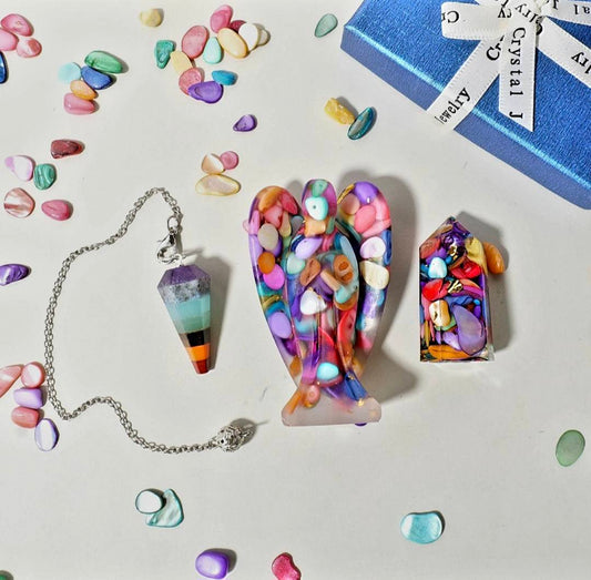 Nye 3 pcs Krystallsett ( Pendel, Engel , Tårnkrystall ), 6 stentyper