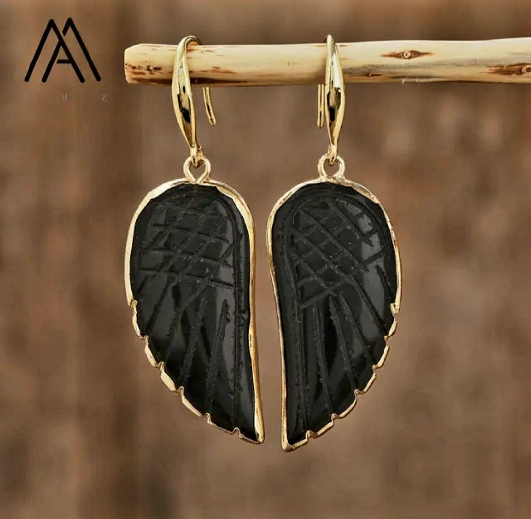 Nye MICCI Design Øredobber ( Angel Wing ) , 18K Gold Electroplated, Sort Obsidan