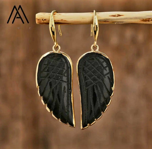 Nye MICCI Design Øredobber ( Angel Wing ) , 18K Gold Electroplated, Sort Obsidan