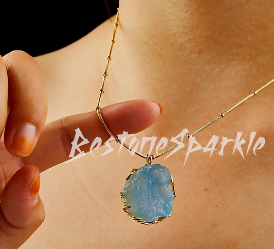 AA Raw Aquamarine Gold Necklace, March Birthstone Throat Chakra, 24K Goldplated