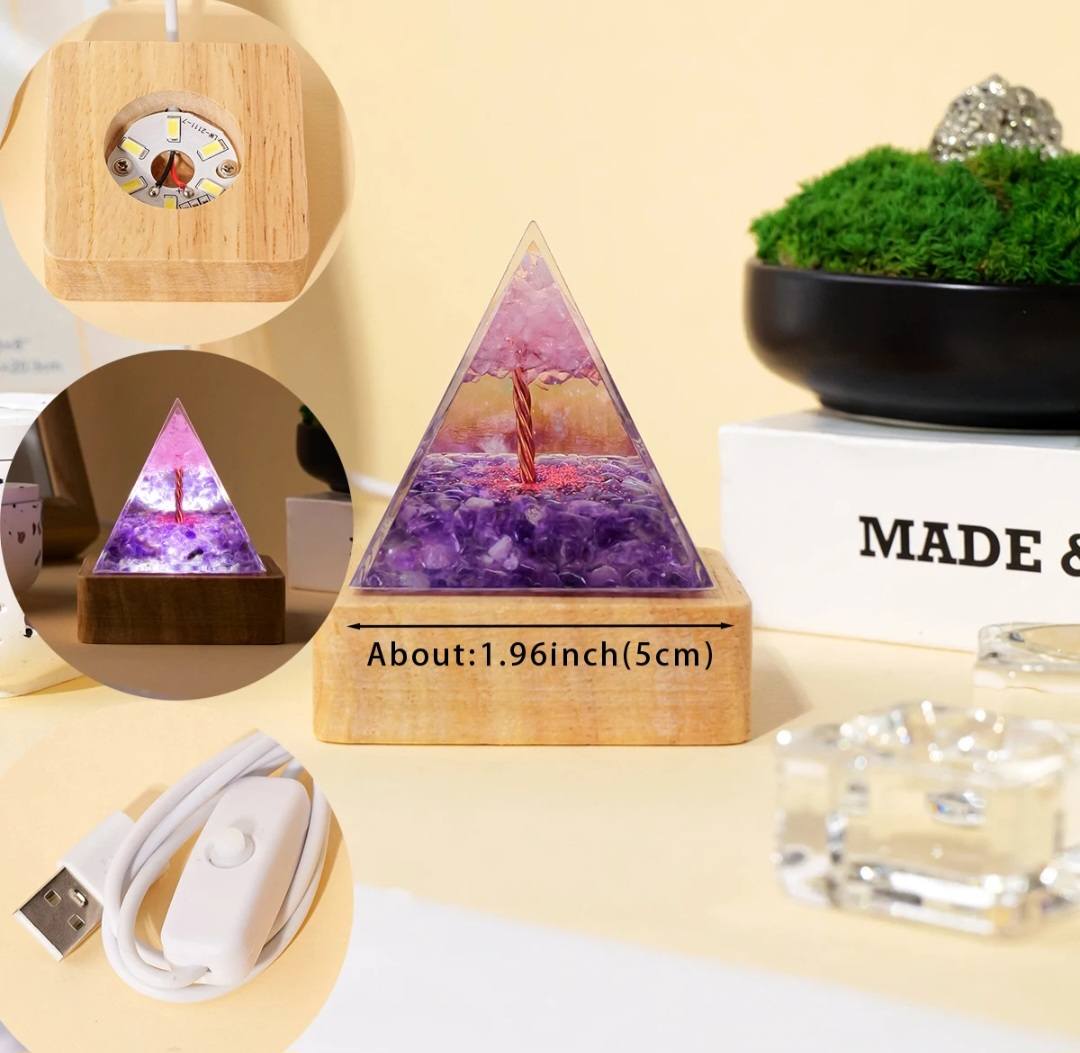 Nye, Crystal Argonite Pyramid led decorlamper... Ametyst , 6cm m/Tree inkl. trebase