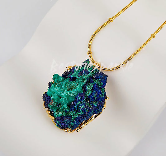 New Raw Azurite Pendant Cluster Necklace, "Spiritual Enlightment - "Third Eye, 24K Gold-Plated Chain