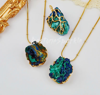 New Raw Azurite Pendant Cluster Necklace, "Spiritual Enlightment - "Third Eye, 24K Gold-Plated Chain