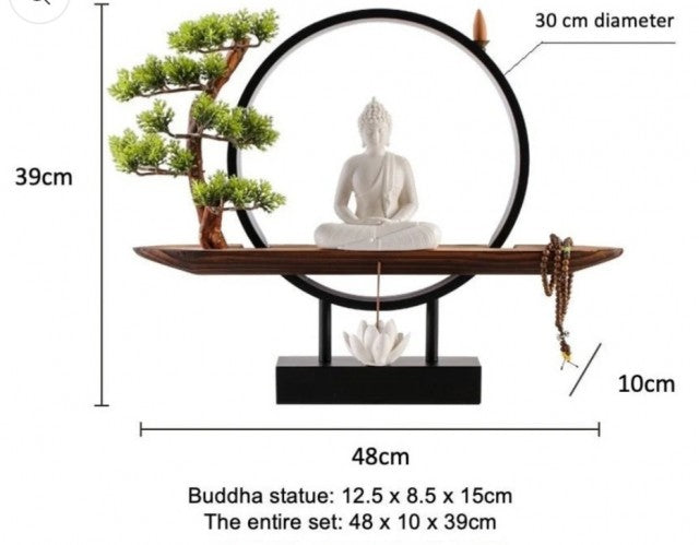 Porcelain Buddha Statue Decorative Set with LED light & Lotus Incense Holder, 48x39x10cm