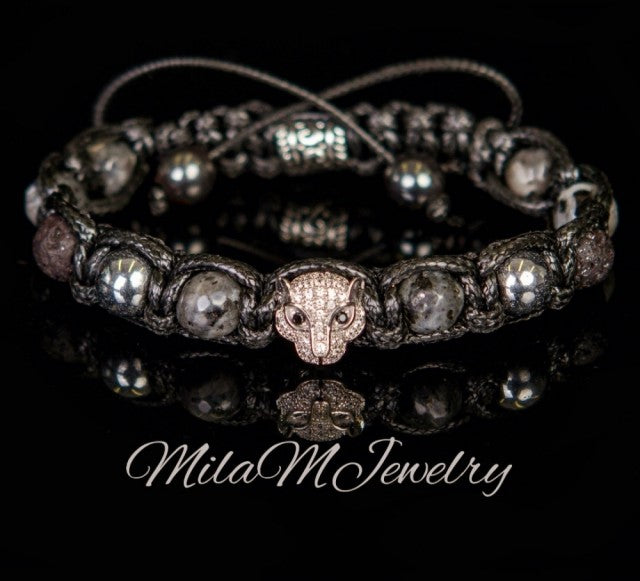 Trendy og Exclusivt Shambhala Panther ArmbÅnd , Larvikite,  Lavasten, Hematite,  unisex og justerbare.