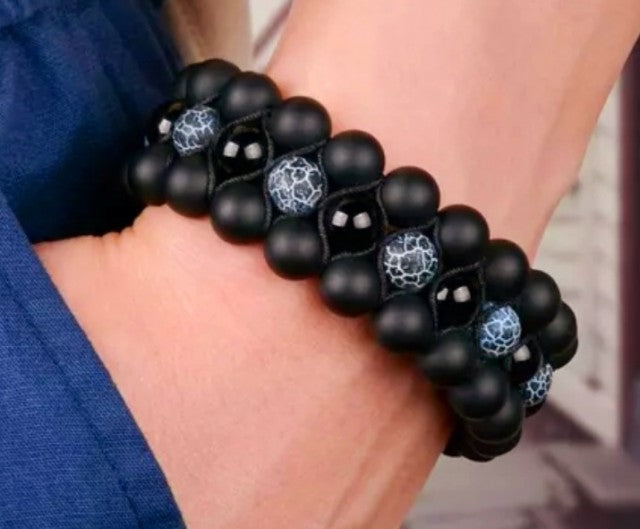 Merkaba 3 rader Chakra armbÅnd med Agat og Sort Obsidian, justerbare