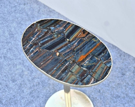 Blue Tigereye kaffebord med gulldecorert kant og avtagbare ben, ca. 28x18cm