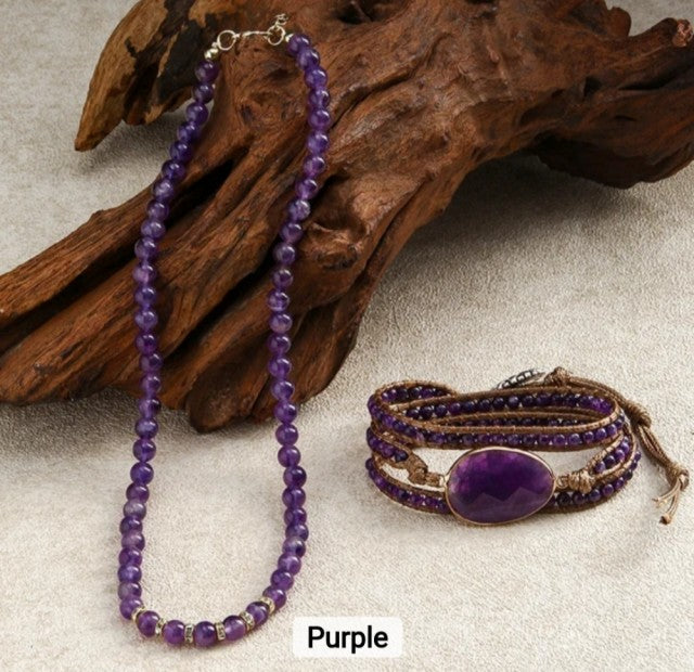 Nye 2025 Bohemian Ametyst Design Smykkesett, Single Row Kjede og BoHo Single Wrap armbÅnd