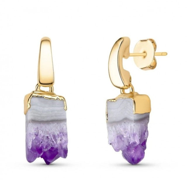 New 2025 Brazil Gem Natural Druzy Amethyst Stone Øredobber, 18K/Gold Electroplated