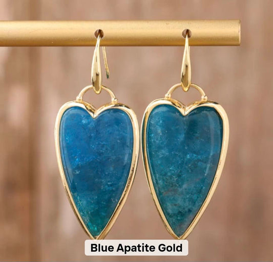 Nye MICCI Design Øredobber ( 30mm - Long Heart Design ) , 18K Gold Electroplated, Blue Apatite