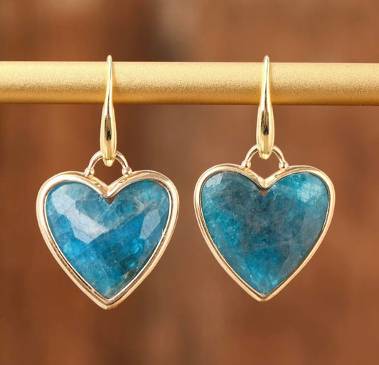 Nye MICCI Design Øredobber ( 20mm - Heart Design ) , 18K Gold Electroplated, Blue Apatite