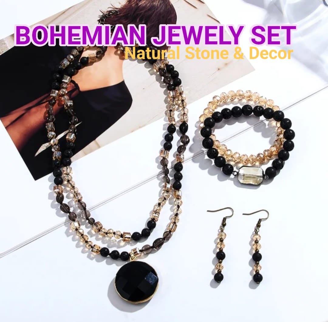 Nytt BOHEMIAN Design Smykkesett ( Kjede, Armbånd, Øredobber ) Sort Onyx & Decor
