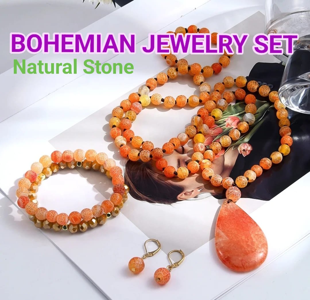 Nytt BOHEMIAN Orange Frosted AGATE Design Smykkesett ( Kjede, Armbånd, Øredobber )
