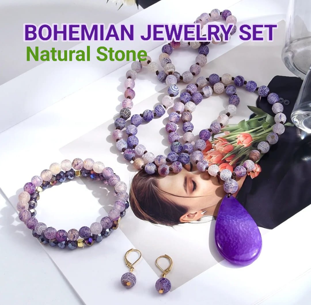Nytt BOHEMIAN Lilla Frosted AGATE Design Smykkesett ( Kjede, Armbånd, Øredobber )