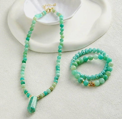 Nytt 2025 BOHEMIAN Green Amazonite & Decor Design Smykkesett ( Kjede, Armbånd )