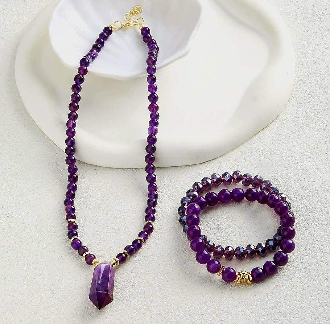 Nytt 2025 BOHEMIAN Lilla AGATE & Decor Design Smykkesett ( Kjede, Armbånd )