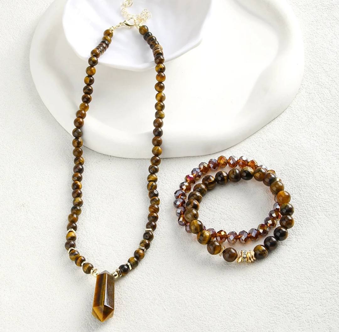 Nytt 2025 BOHEMIAN Tiger Eye & Decor Design Smykkesett ( Kjede, Armbånd )