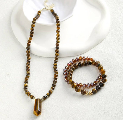 Nytt 2025 BOHEMIAN Tiger Eye & Decor Design Smykkesett ( Kjede, Armbånd )