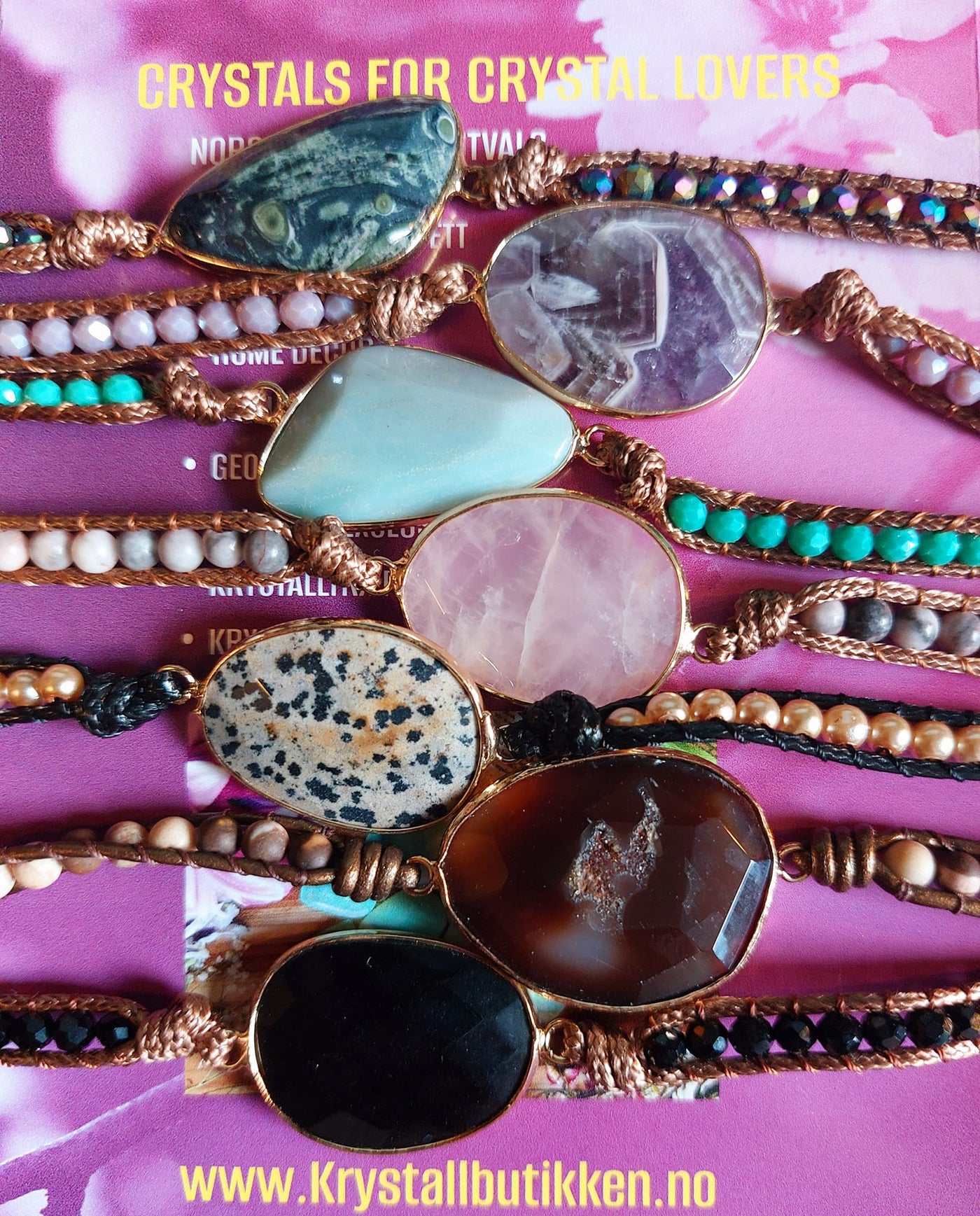 2 -1 BOHO WRAP BRACELET 5 rader skinnarmbånd med stor vakker natursten i 14 Design