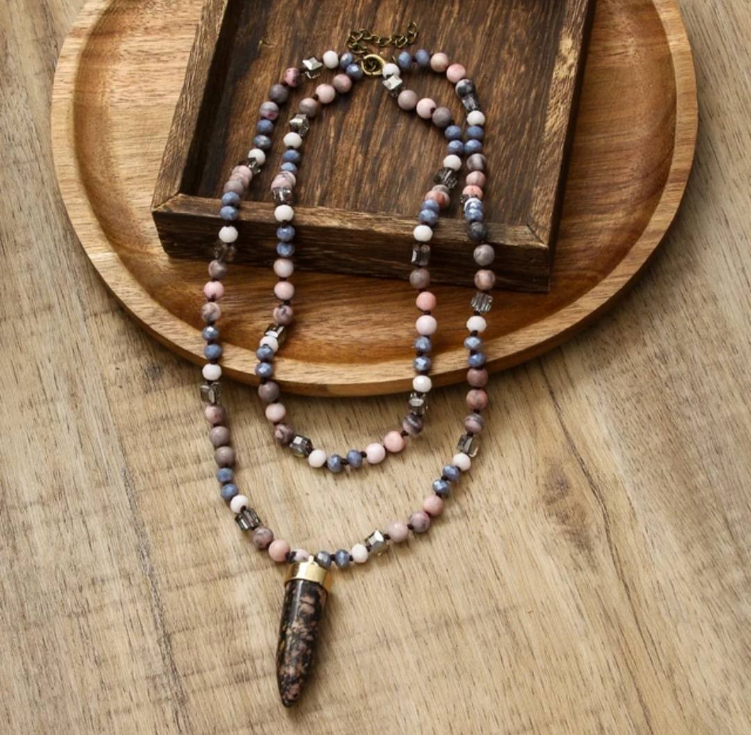Nye 2025 Bohemian Style Rhodocrosite - Rose Quartz & Decor Single , 2 rader Kjede m/Point Anheng