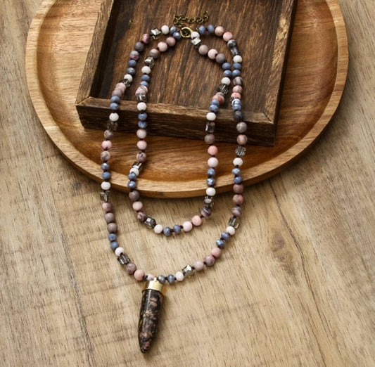 Nye 2025 Bohemian Style Rhodocrosite - Rose Quartz & Decor Single , 2 rader Kjede m/Point Anheng