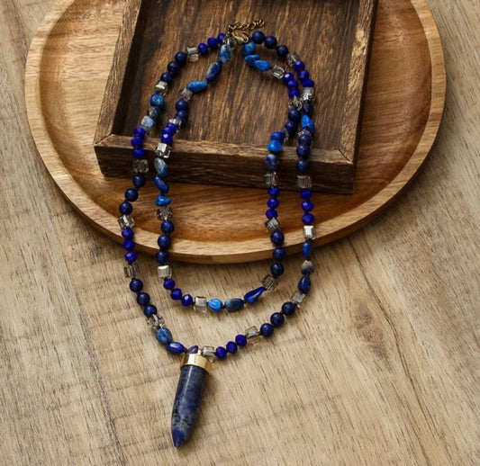Nye 2025 Bohemian Style Blue Stone & Decor Single , 2 rader Kjede m/Point Anheng