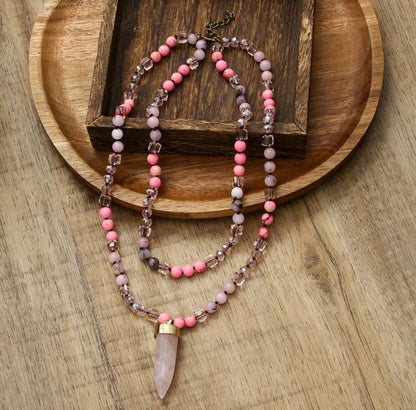 Nye 2025 Bohemian Style Pink Agate - Rose Quartz & Decor Single , 2 rader Kjede m/Point Anheng