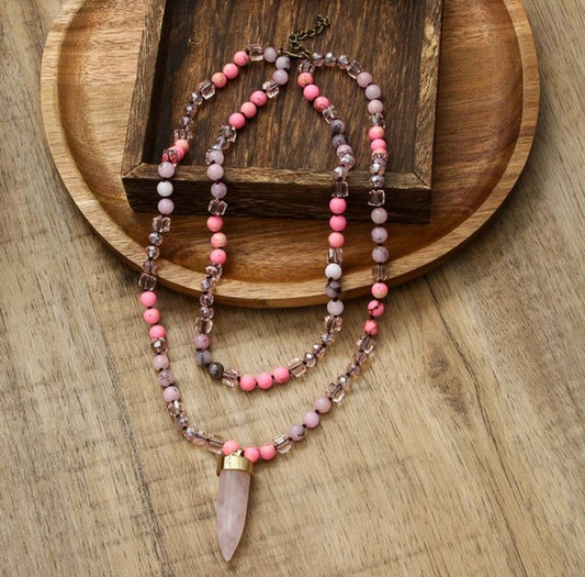 Nye 2025 Bohemian Style Pink Agate - Rose Quartz & Decor Single , 2 rader Kjede m/Point Anheng